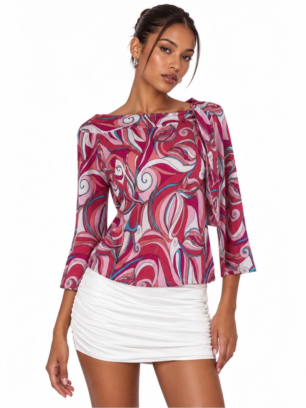 VINTAGE 90's Y2K Women's Pink Swirl Print Boatneck Top
